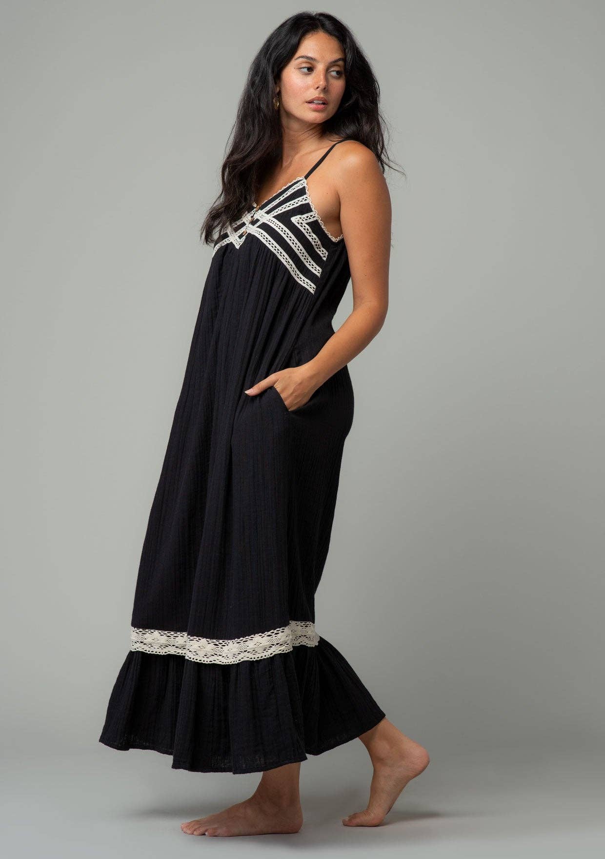 Cotton Sleeveless Crochet Trim Maxi Dress: M / Off White/Natural