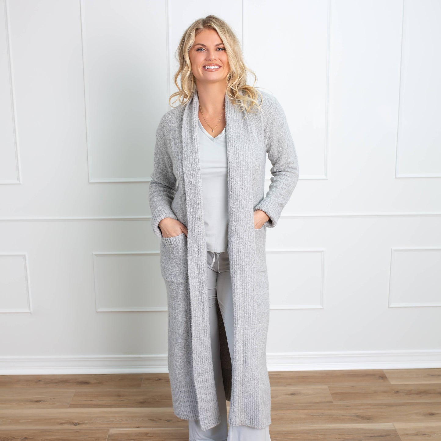 Faceplant Bamboo Plush™ Long Cardigan Robe: Ivory / Small/Medium