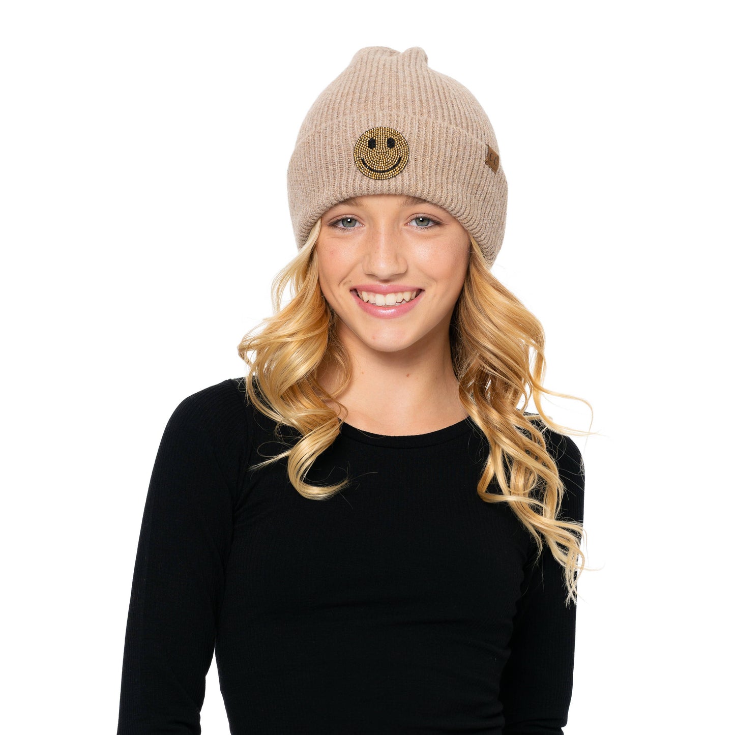 Solid Beanies with Happy Face Rhinestone Patch