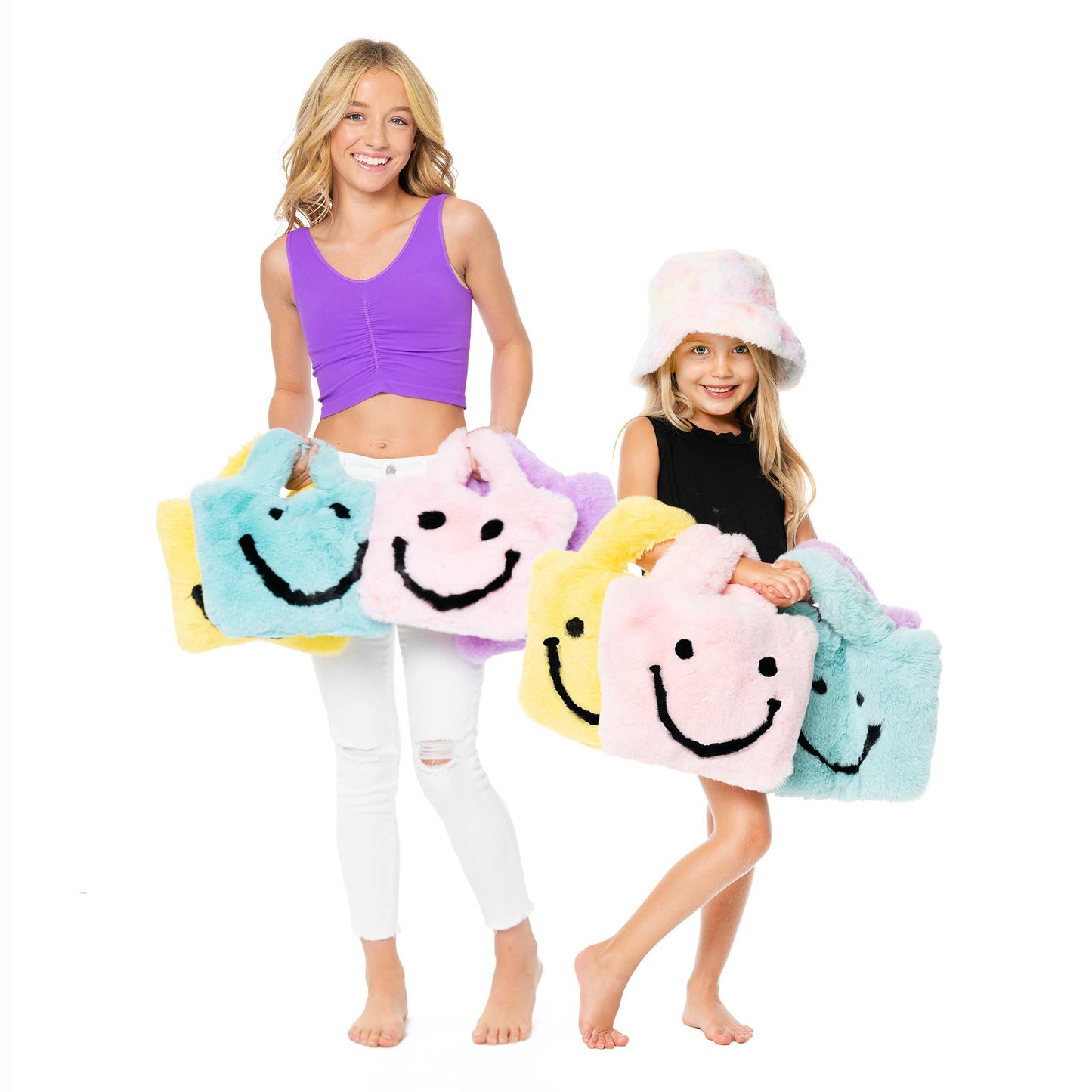 Faux Fur Fuzzy Happy Face Purses for Kids: PINK