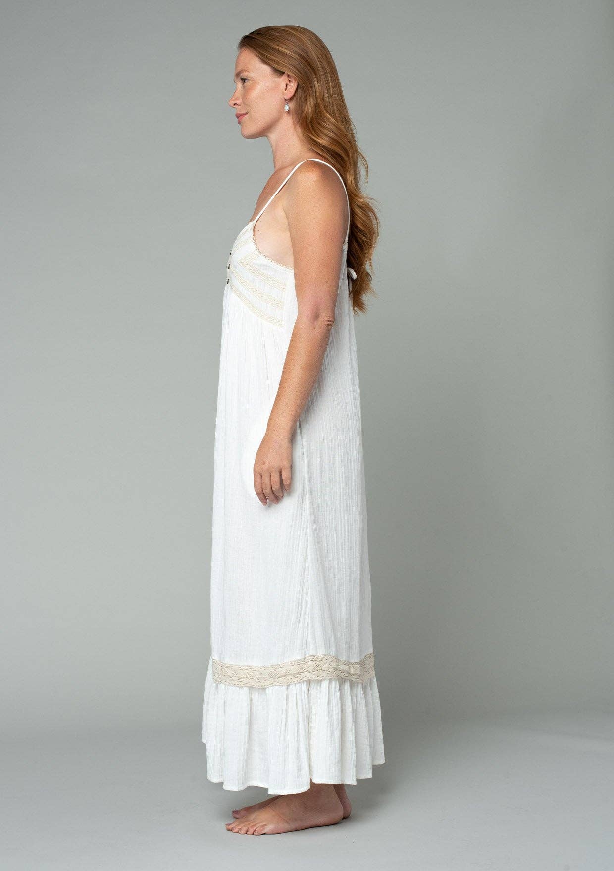 Cotton Sleeveless Crochet Trim Maxi Dress: M / Off White/Natural