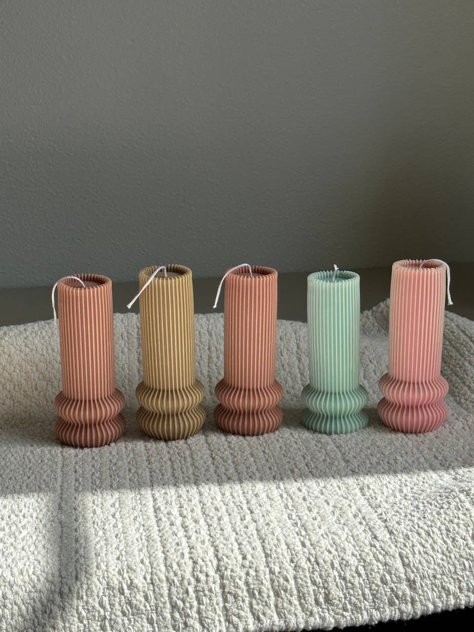 Column Candle-Tall Aestethic Candle-Funky Ribbed Candle: Gray / Bamboo Coconut