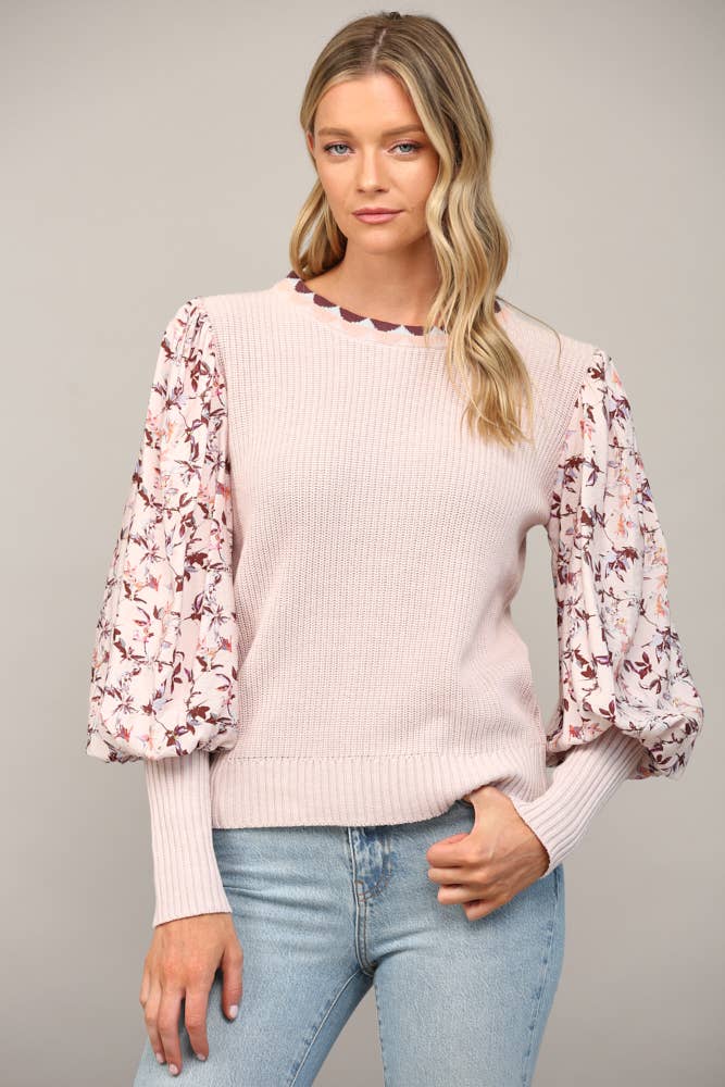 CONTRAST WOVEN JULIETTE SLV CREW NECK SWEATER FW14071: MAUVE