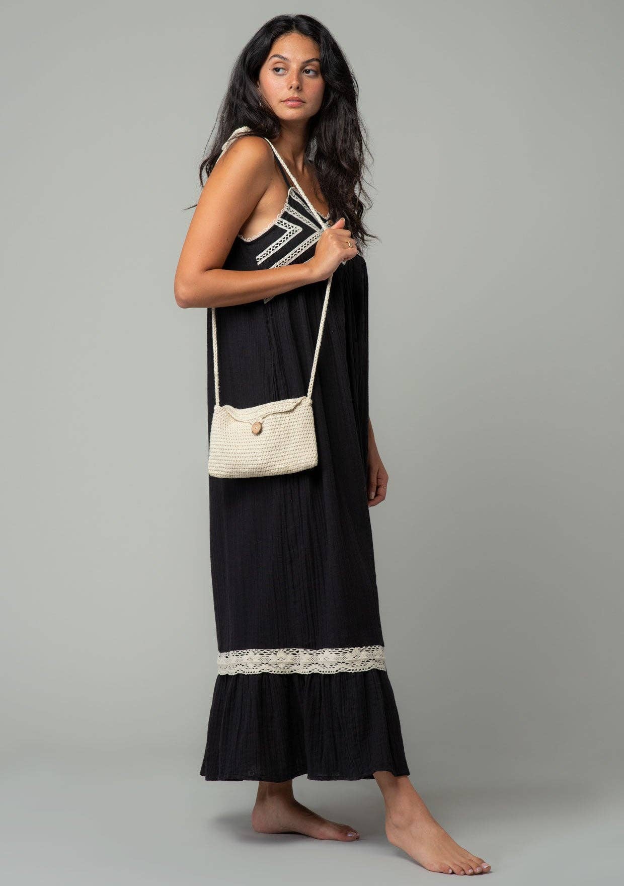 Cotton Sleeveless Crochet Trim Maxi Dress: M / Off White/Natural