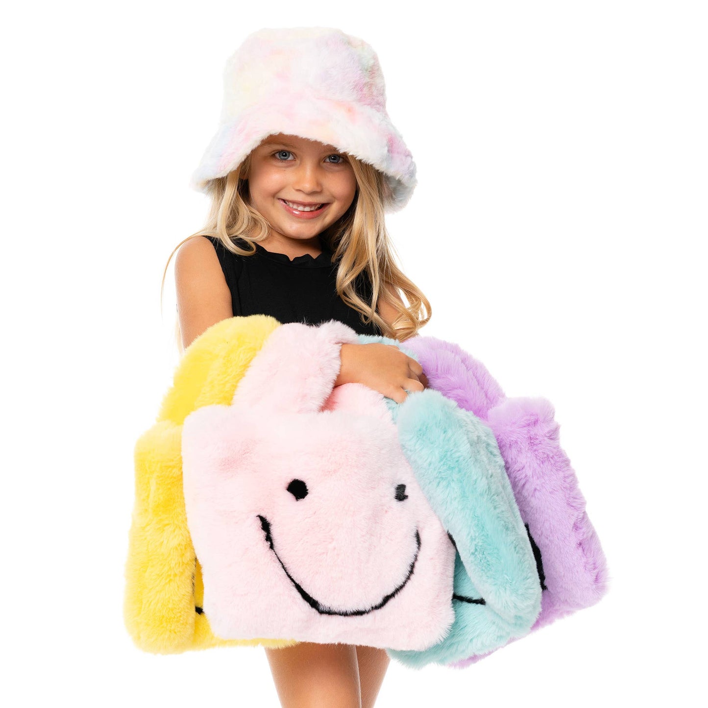 Faux Fur Fuzzy Happy Face Purses for Kids: PINK