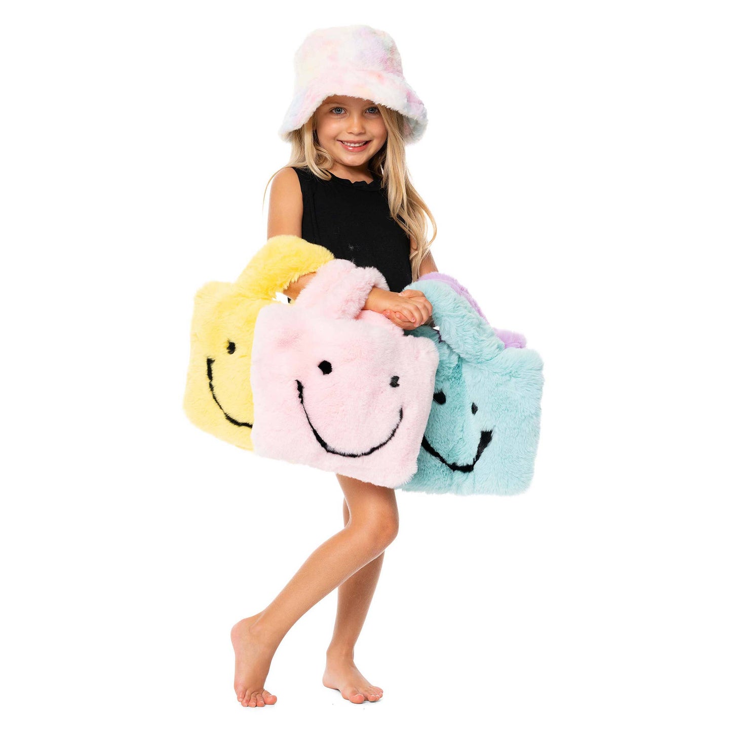 Faux Fur Fuzzy Happy Face Purses for Kids: PINK