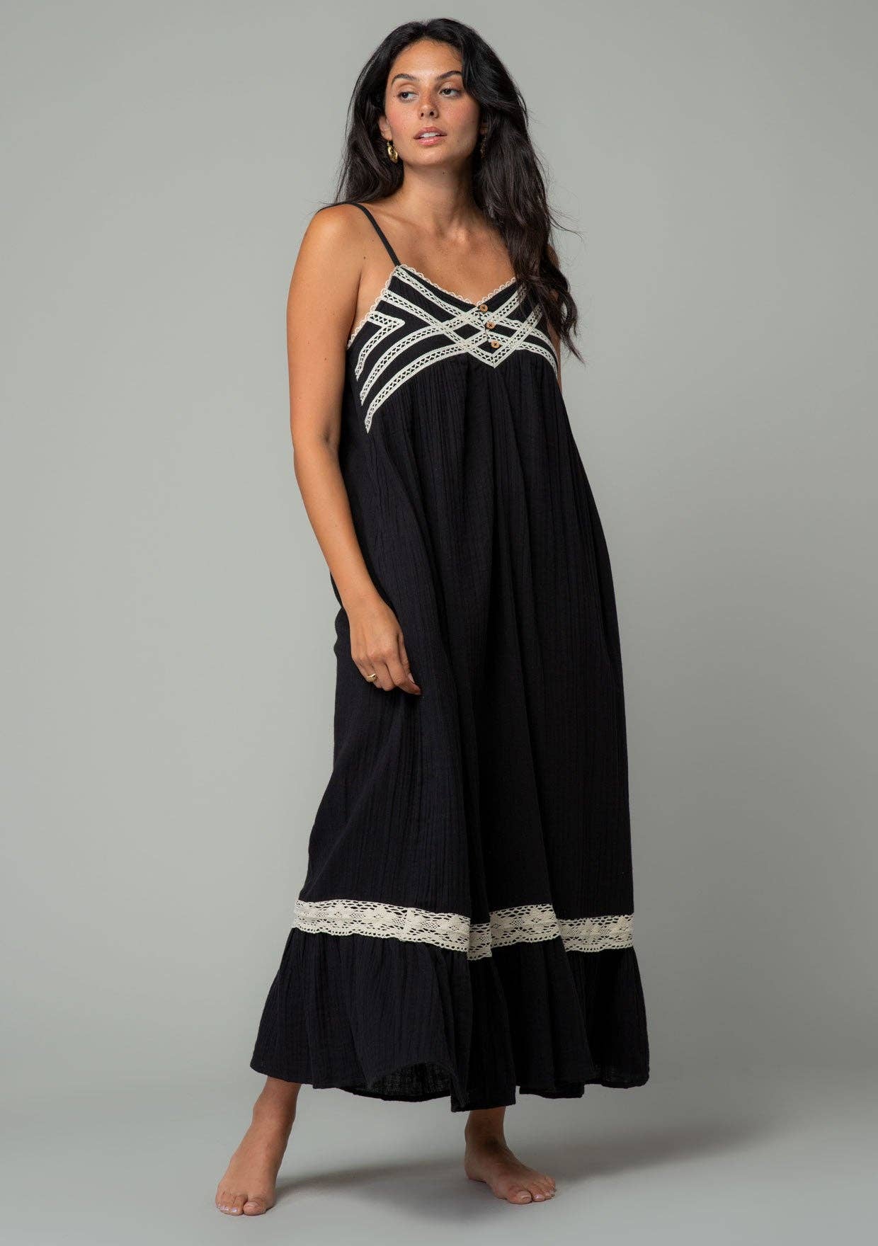 Cotton Sleeveless Crochet Trim Maxi Dress: M / Off White/Natural