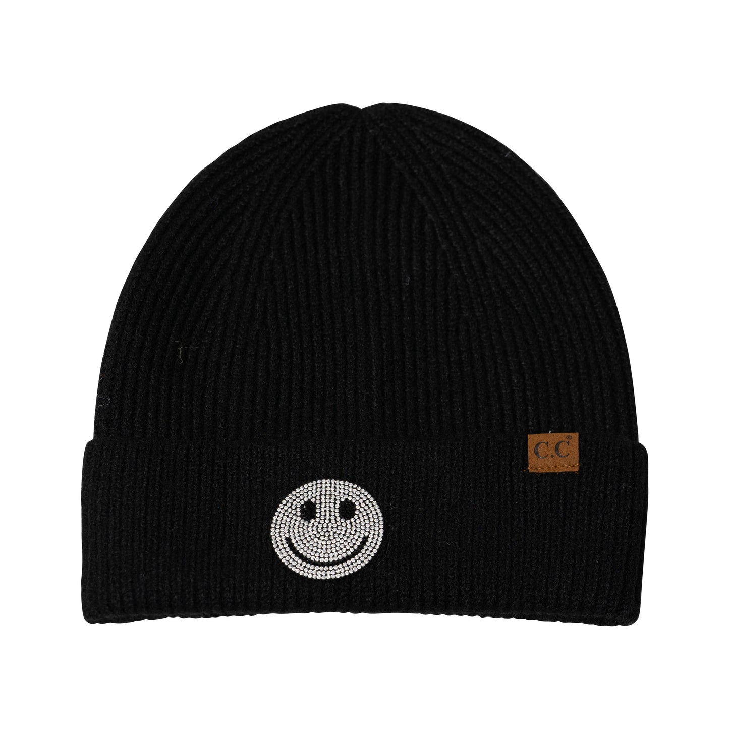 Solid Beanies with Happy Face Rhinestone Patch