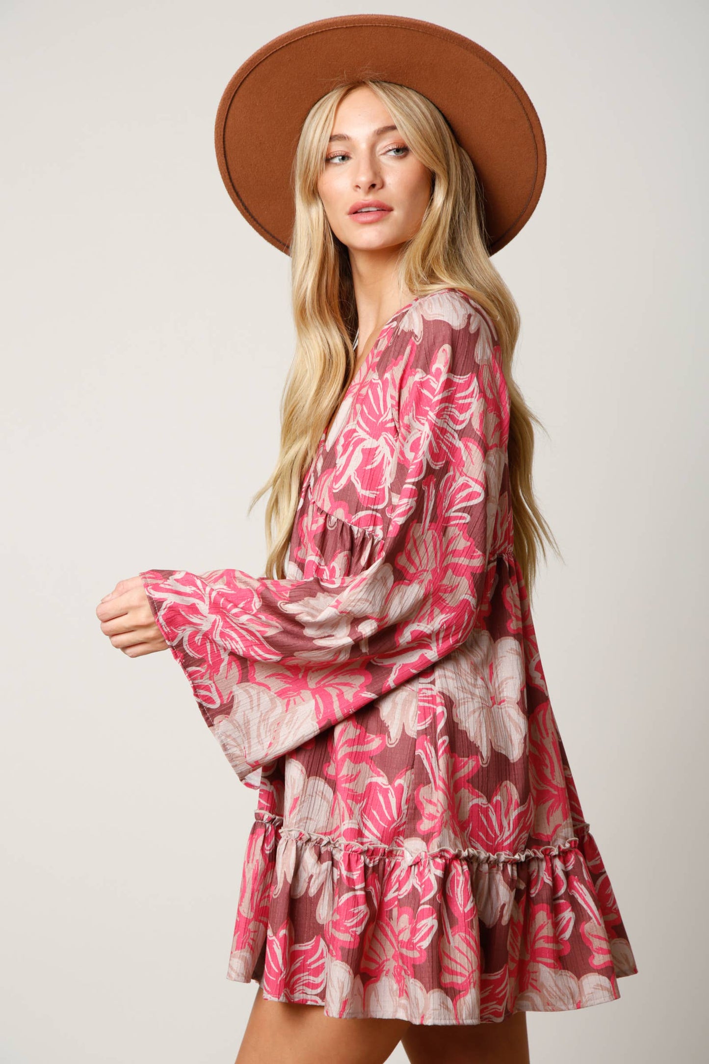 Floral Long Sleeve V-Neck Dress: BROWN FLORAL / M