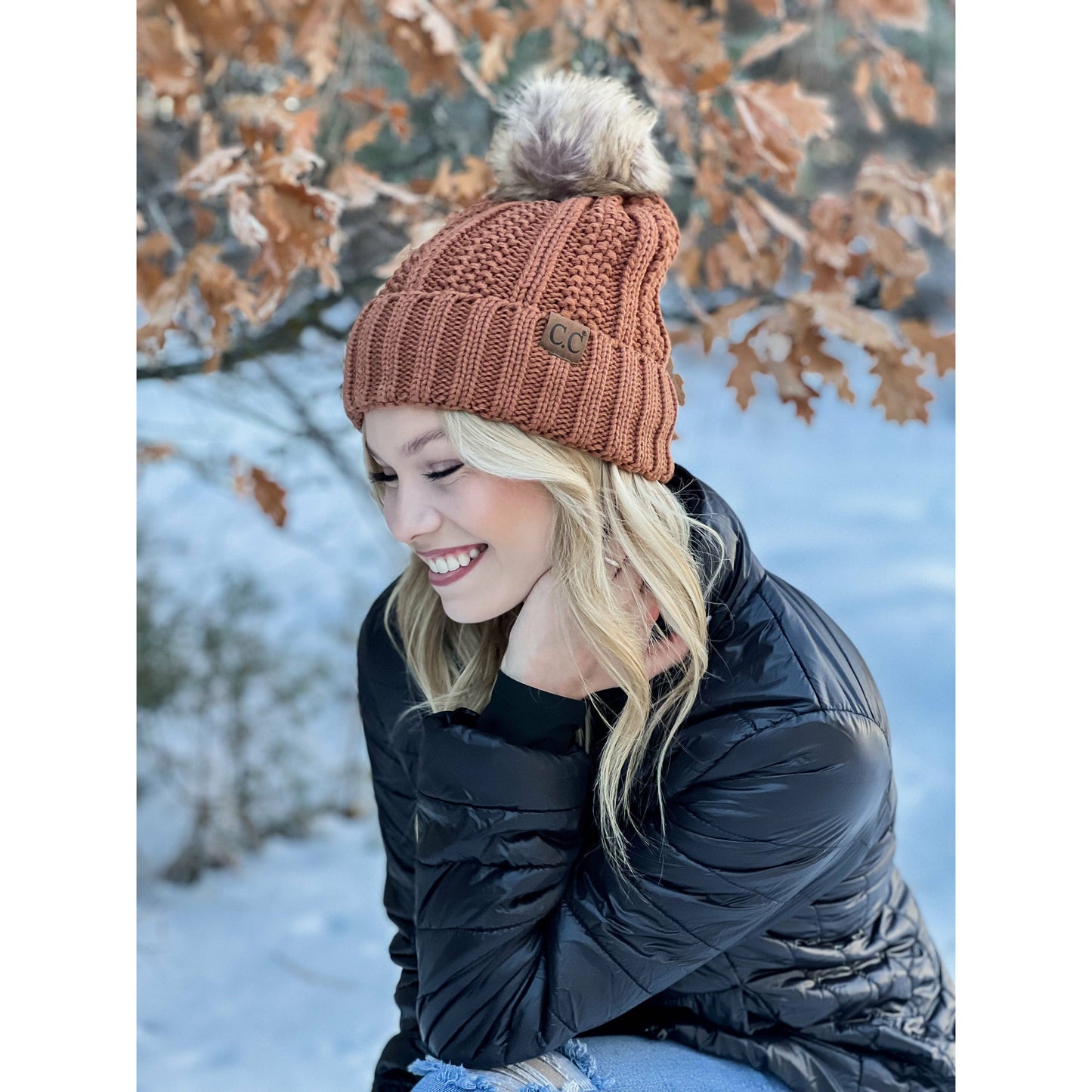 Fuzzy Lined Fur Pom CC Beanie