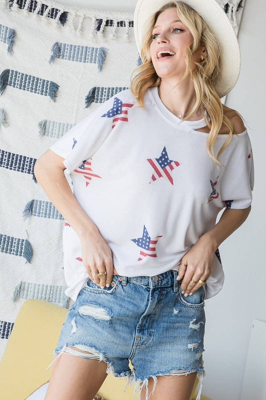 Cut-Out Neck Stars & Stripes Printed Knit Top VT30397R: S / Off White/Multi