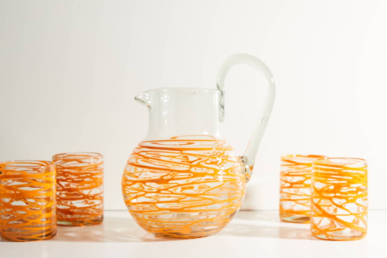 Handblown Glass Pitcher-Orange Swirl