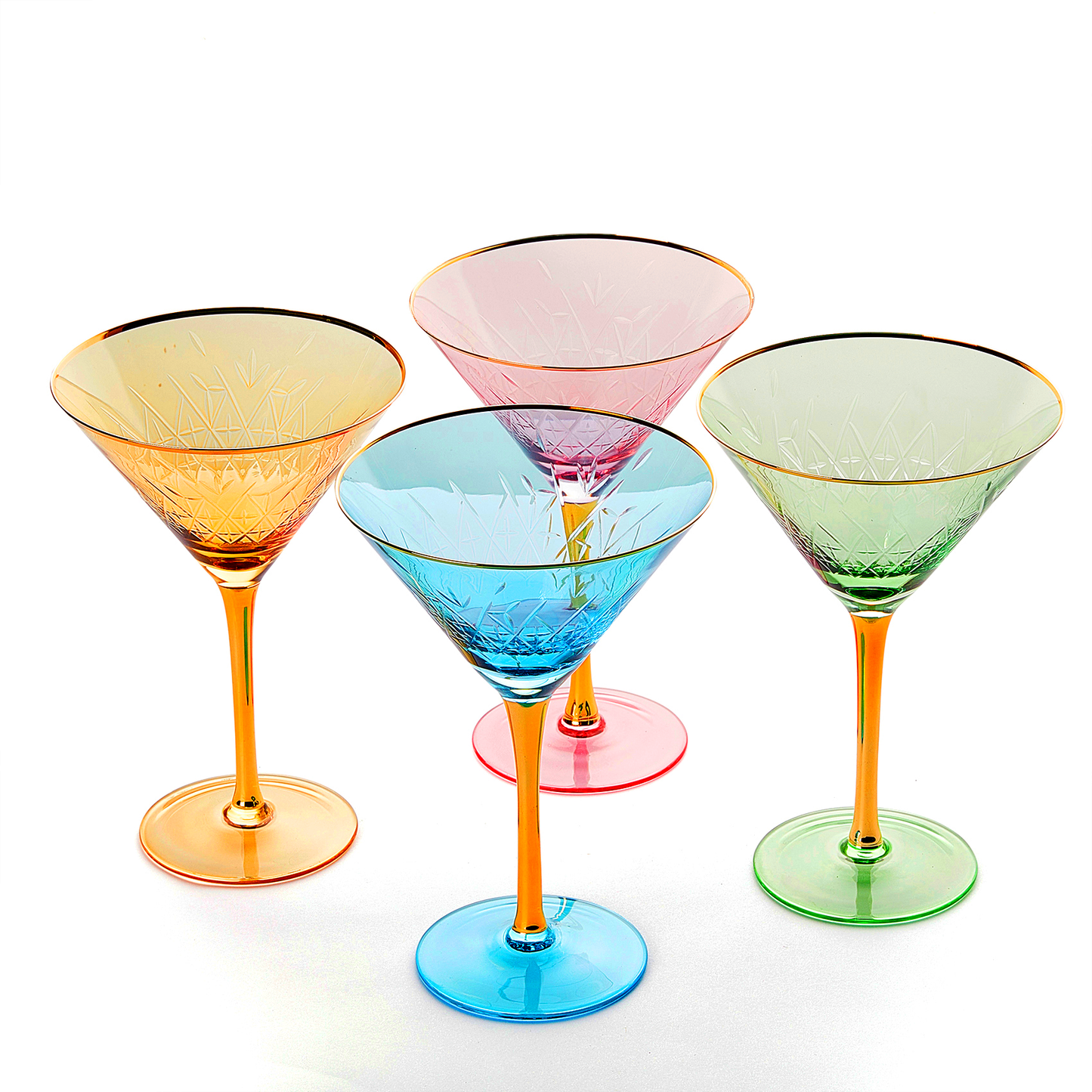 4 Gold Rimmed Crystal Martini Glasses 10 oz