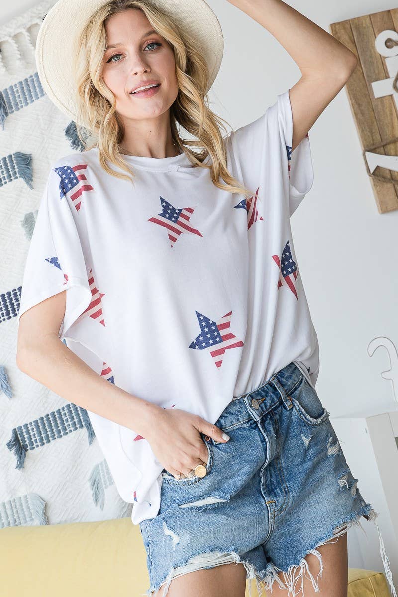 Cut-Out Neck Stars & Stripes Printed Knit Top VT30397R: S / Off White/Multi