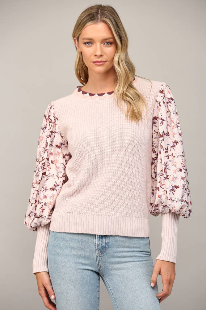 CONTRAST WOVEN JULIETTE SLV CREW NECK SWEATER FW14071: MAUVE