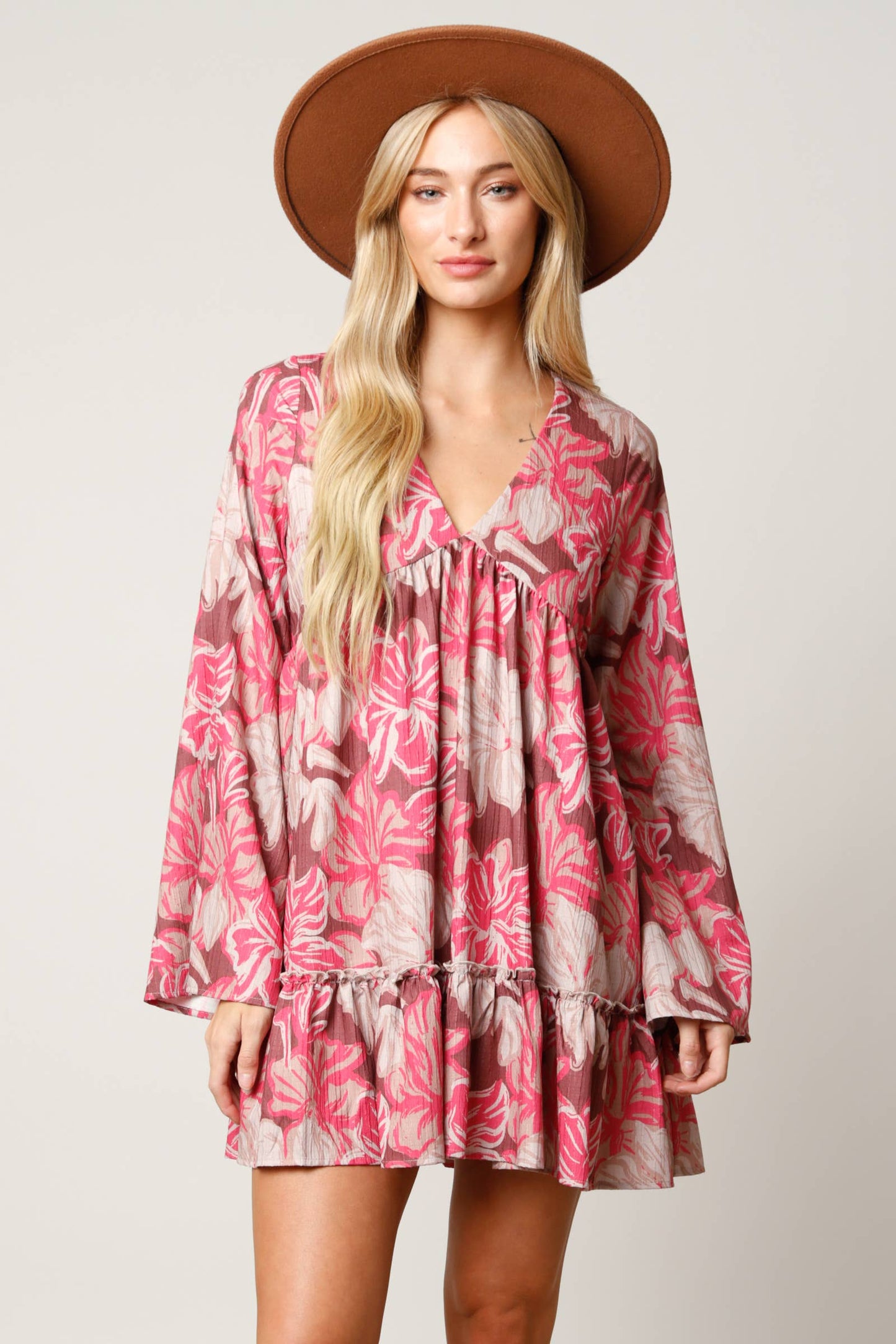 Floral Long Sleeve V-Neck Dress: BROWN FLORAL / M