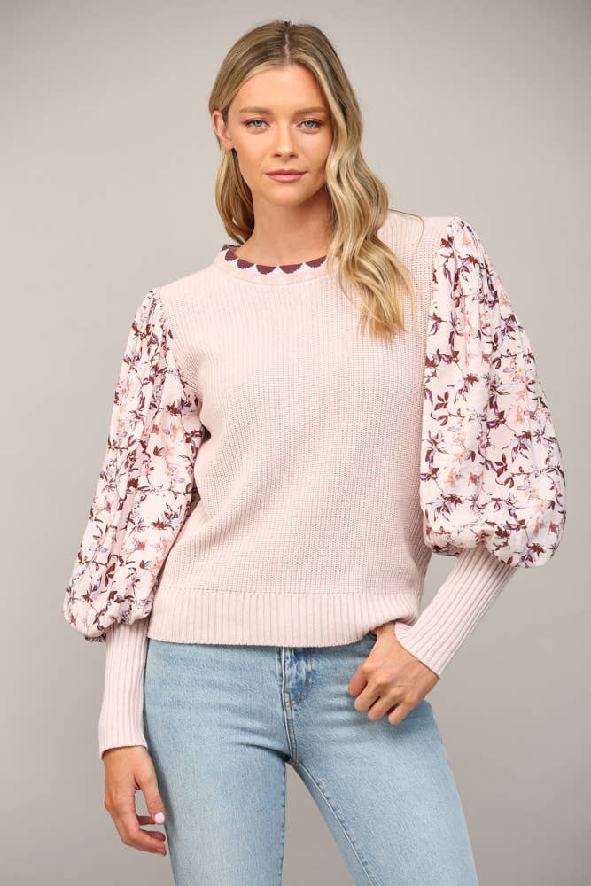 CONTRAST WOVEN JULIETTE SLV CREW NECK SWEATER FW14071: MAUVE