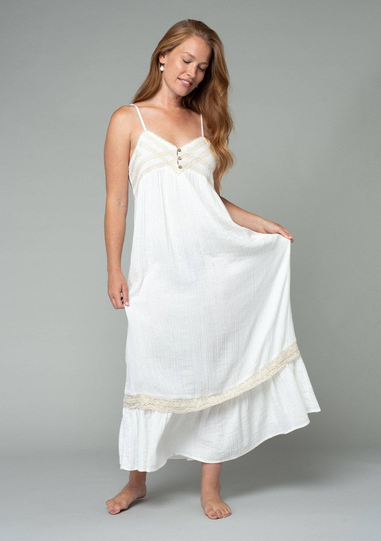 Cotton Sleeveless Crochet Trim Maxi Dress: M / Off White/Natural