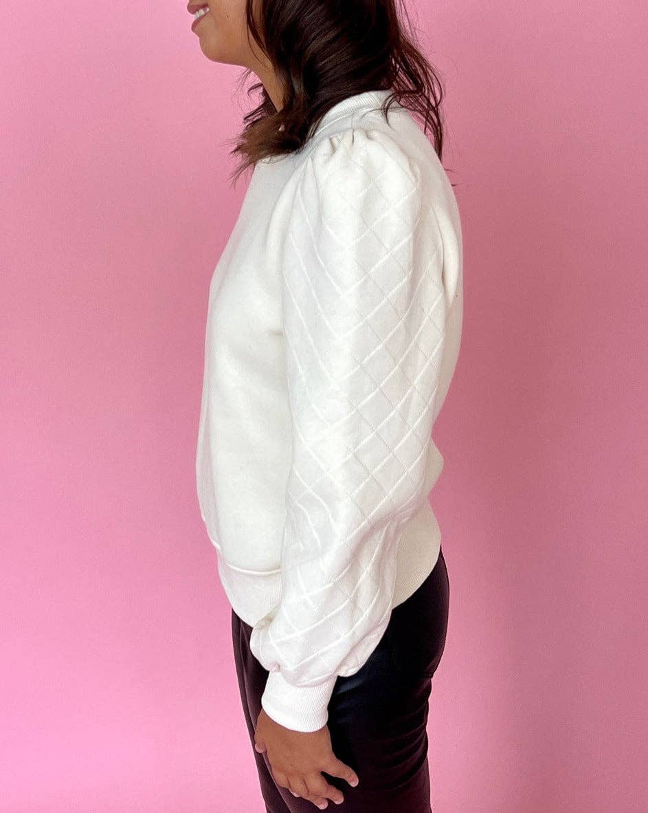 Solid Textured Puff Sleeve Sweatshirt: White