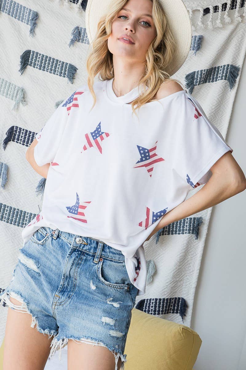 Cut-Out Neck Stars & Stripes Printed Knit Top VT30397R: S / Off White/Multi