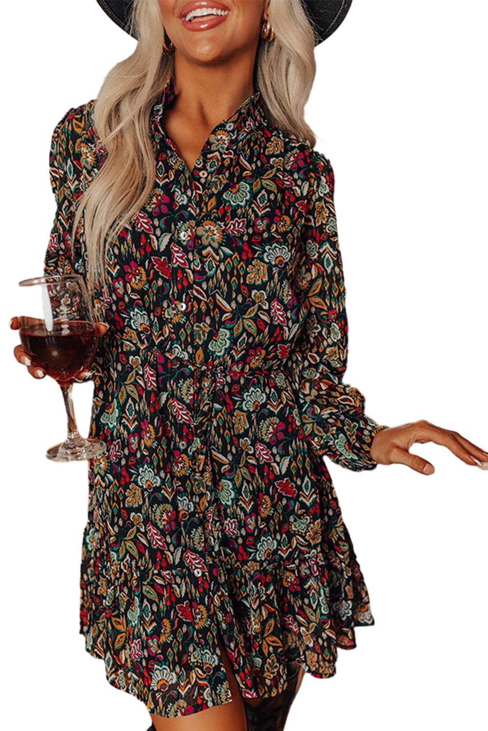 Floral Tie Waist Shirt Dress: Black