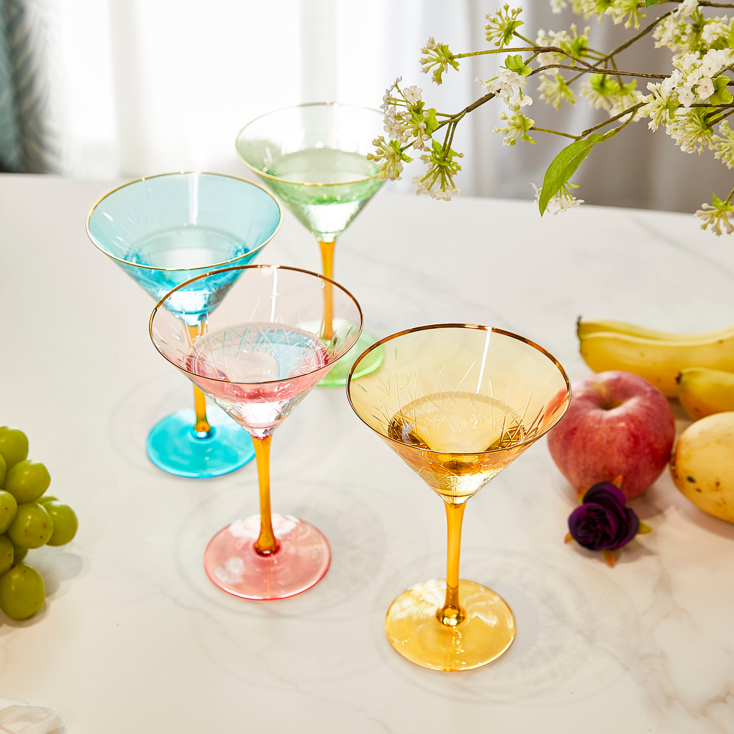 4 Gold Rimmed Crystal Martini Glasses 10 oz