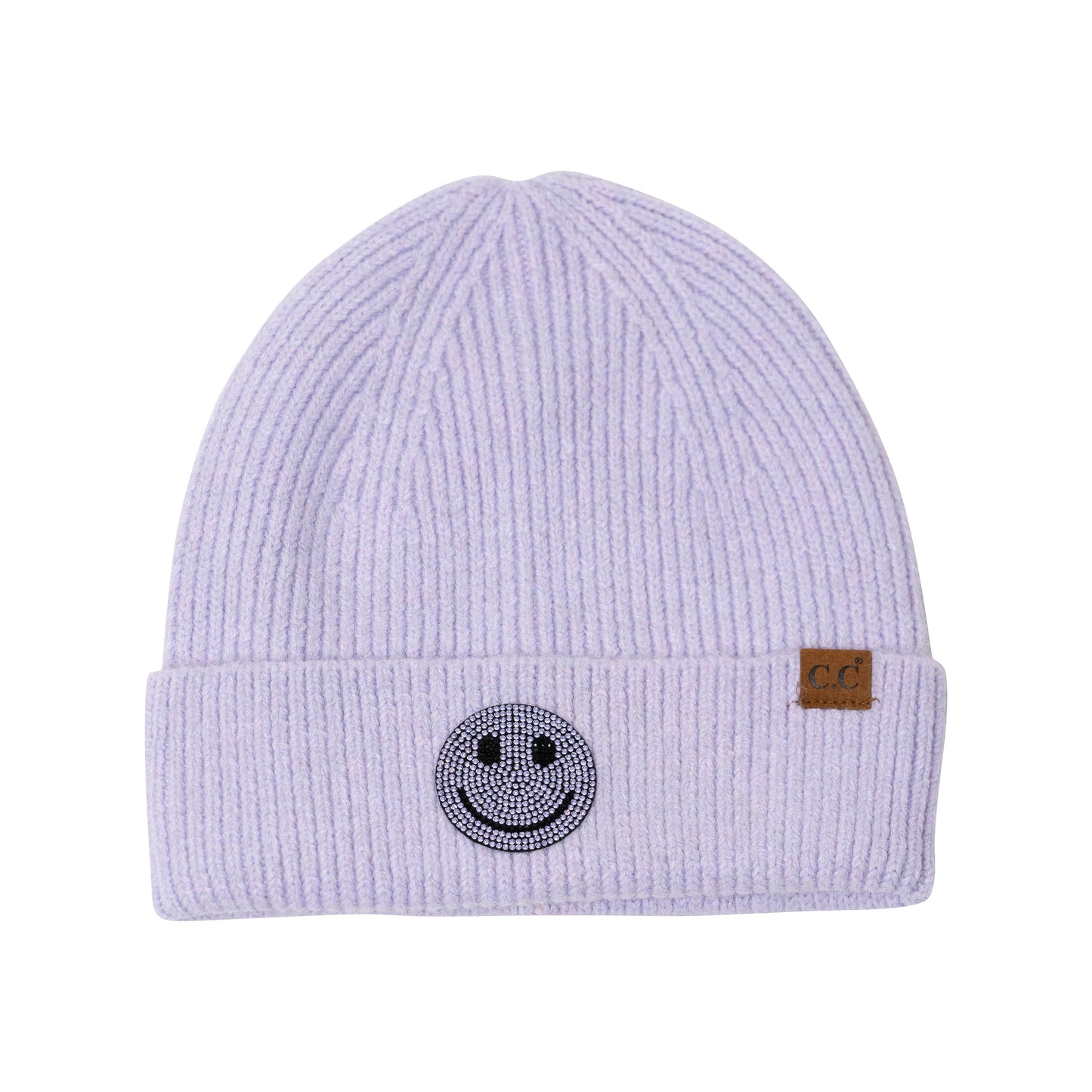 Solid Beanies with Happy Face Rhinestone Patch