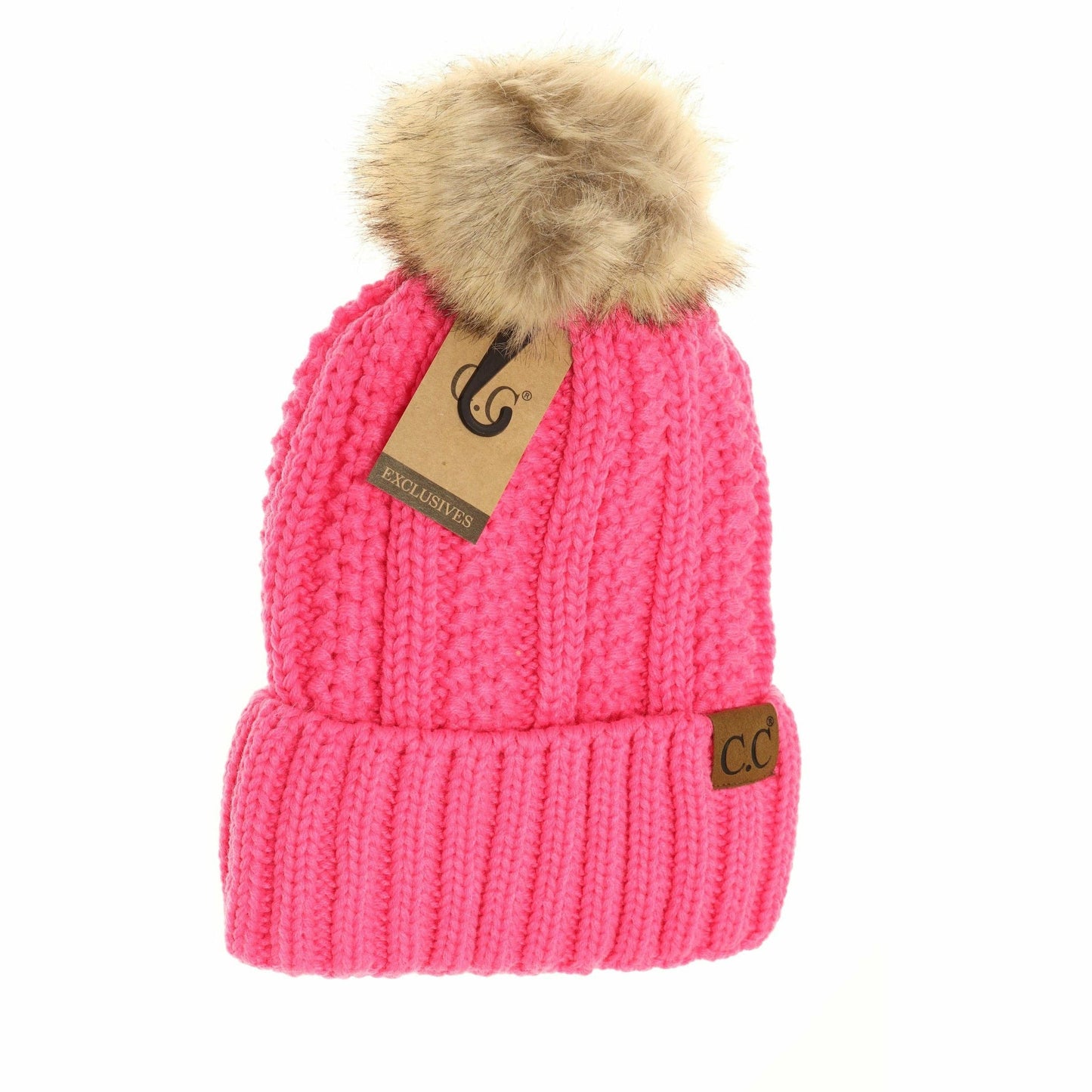 Fuzzy Lined Fur Pom CC Beanie