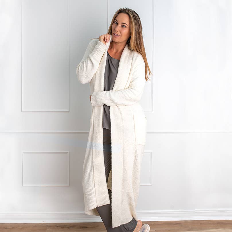 Faceplant Bamboo Plush™ Long Cardigan Robe: Ivory / Small/Medium